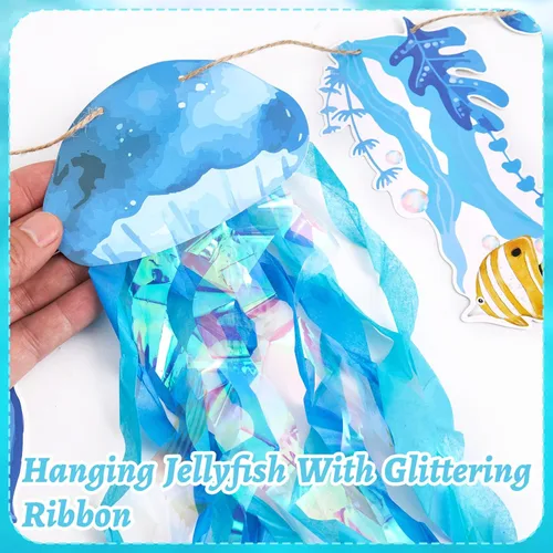 Miniatura 5 de SUNBEAUTY Guirnalda colgante de medusas de estrellas de mar con conchas de mar de 9.8 pies, guirnalda de burbujas azules para decoración
