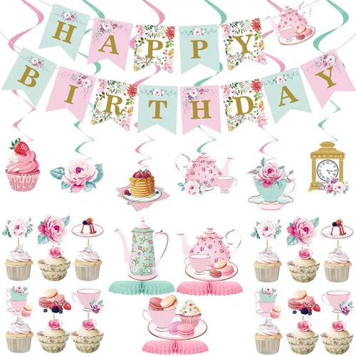 Decoraciones florales de fiesta de té y cumpleaños - Suministros de fiesta "Tea for Two" para niñas pequeñas, guirnalda floral colgante y centro de