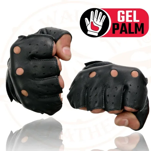 Miniatura 7 de Milwaukee Leather SH195 - Guantes de piel para hombre, color negro, perforados, con palma de gel acolchada, sin dedos, para motocicleta, con "Open
