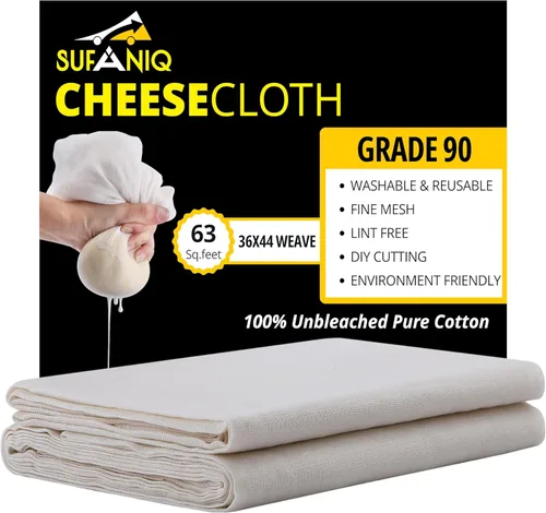 Sufaniq Estameña de grado 90 de 63 pies cuadrados sin blanquear, tela 100 % de algodón ultrafino, reutilizable para cocinar, colar, hacer queso y