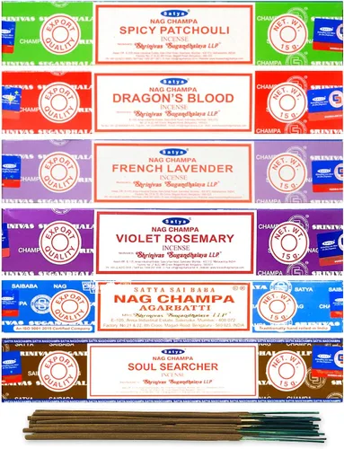 Miniatura 3 de Satya Juego de 6 varillas de incienso orgánico – Nag Champa, rosa india, lavanda francesa, incienso aromático, Palo Santo, rompecaminos, palitos