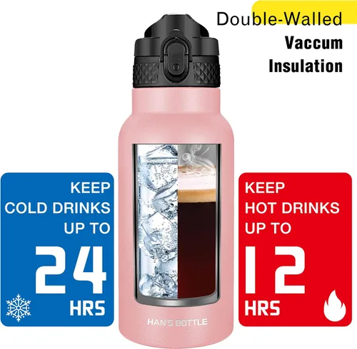 Miniatura 6 de Han's Bottle - Botella de agua para niños con tapa con pajilla - Vaso reutilizable de acero inoxidable aislado para niñas, niños, taza térmica, 17