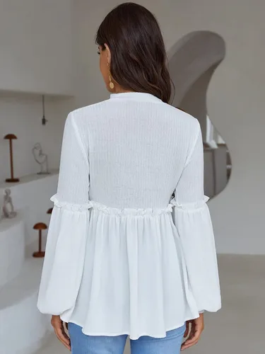 Miniatura 2 de MakeMeChic Camisa de maternidad de manga larga con cuello alto falso y ribete de volantes para mujer