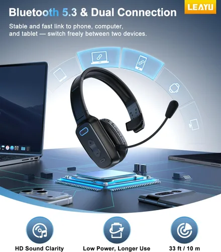 Miniatura 4 de Auriculares Bluetooth, 60 horas con cancelación de ruido AI V5.2 sobre la cabeza, auriculares inalámbricos de un solo oído con micrófono, botón