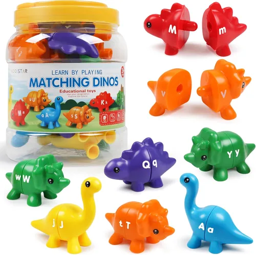 USATDD - Juego de dinosaurios de emparejamiento de letras, juego de dinosaurios de doble cara de letras ABC, juguete de motricidad fina para