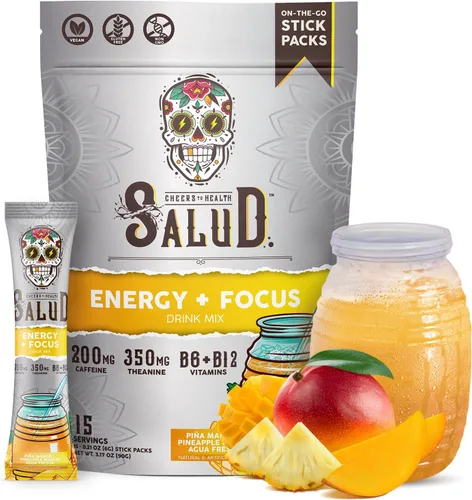 Salud - Bebida energética 2 en 1 en polvo + enfoque, mango de piña, cafeína orgánica, B6 + B12, teanina, paquetes de bebida energética limpia,