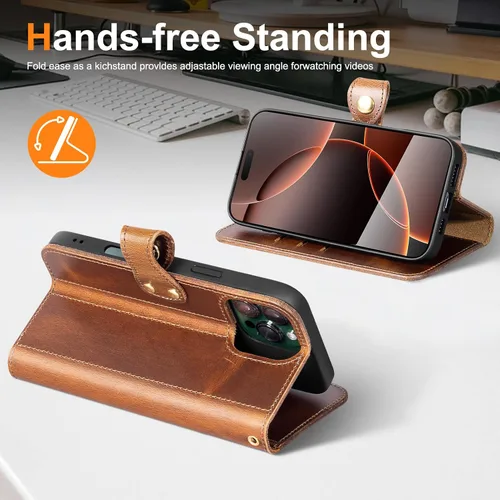 Miniatura 5 de Funda de cuero compatible con iPhone 16 Pro Wallet de 6.3 pulgadas, protección completa de piel auténtica a prueba de golpes, funda abatible