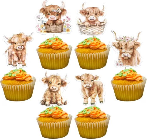 Miniatura 12 de Rsstarxi Paquete de 24 adornos para cupcakes de vaca con purpurina de animales de granja Moo para cupcakes temáticos de vaca, baby shower, fiesta