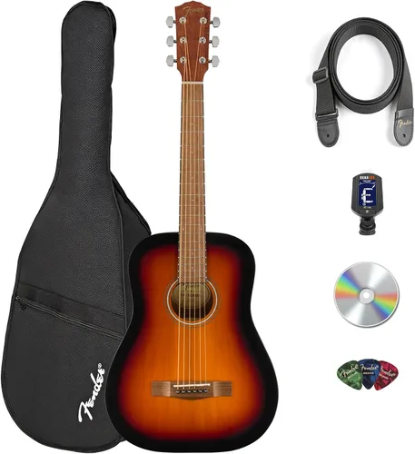 Fender California Standard Redondo Mini Guitarra acústica para niños de tamaño 3/4, paquete de 3 colores Sunburst con estuche, afinador, correa,