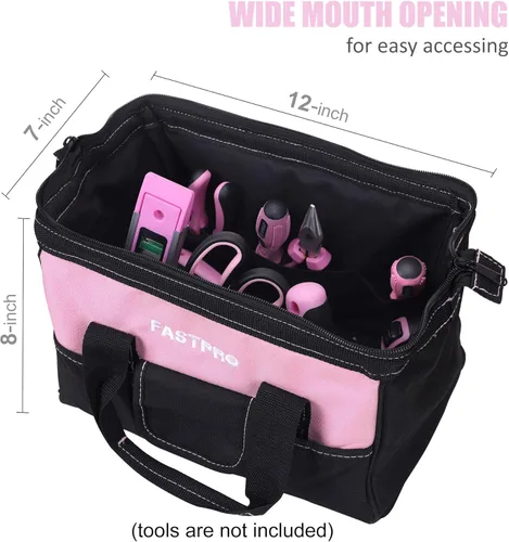 Miniatura 5 de FASTPRO Bolsa de herramientas rosa de 12 pulgadas, almacenamiento abierto de boca ancha con cremallera, material de tela de poliéster 600D para una