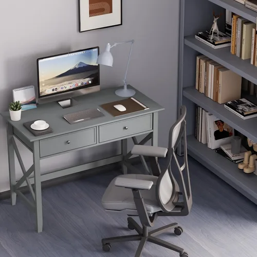 Lewahom Escritorio para computadora con 2 cajones, elegante escritorio de escritura y estudio para oficina en casa con almacenamiento, moderna mesa