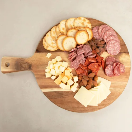 Miniatura 8 de Tabla de cortar de acacia prémium con asa, tabla de cortar de madera para cocina (12 x 16 pulgadas), tablas de cortar redondas de acacia para carne