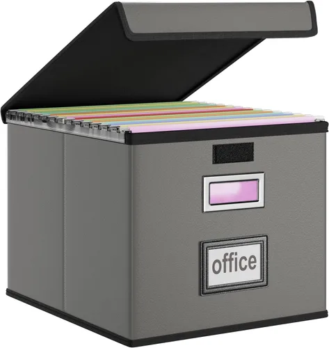 Miniatura 69 de Caja Organizadora de Archivos con Tapa, Caja Organizadora Plegable de Cuero Sintético para Carpetas Colgantes con Rieles de Plástico, Cajas (cuero)