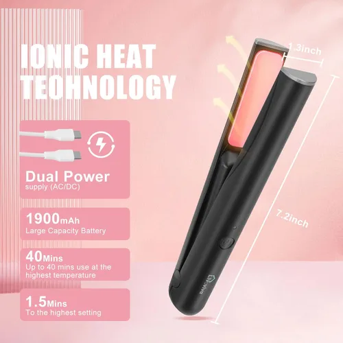 Miniatura 2 de Mini alisador de pelo inalámbrico portátil, recargable por USB, calentamiento rápido puede funcionar continuamente durante 40 minutos, rizador