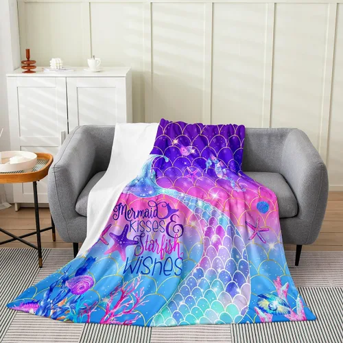 Miniatura 10 de Erosebridal Manta de cola de sirena para niños, manta de vellón de sirena de 40 x 50 pulgadas para niñas, manta de franela de escamas de peces