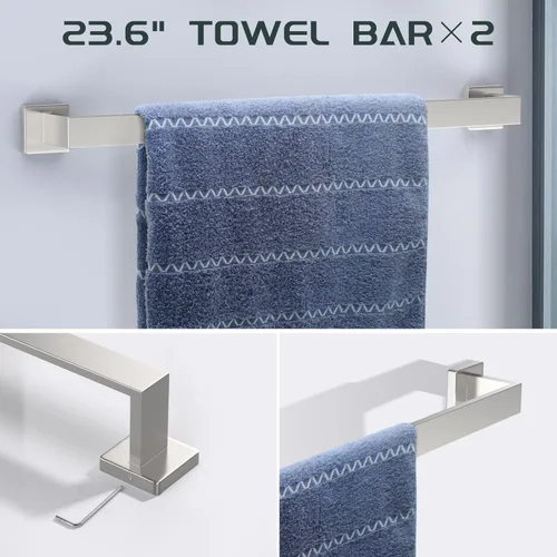 Miniatura 2 de Dorudon atrox Juego de 7 piezas de herrajes de baño de níquel cepillado con toallero, 2 barras de toalla cuadradas de 23 pulgadas y accesorios