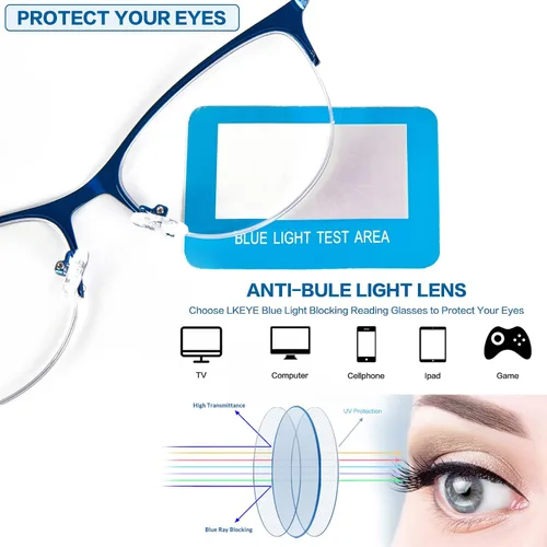Miniatura 7 de Gafas de lectura multifocales para mujer, progresivas multifocales, luz azul, lector de computadora, ojo de gato, metal, medio marco, sin línea