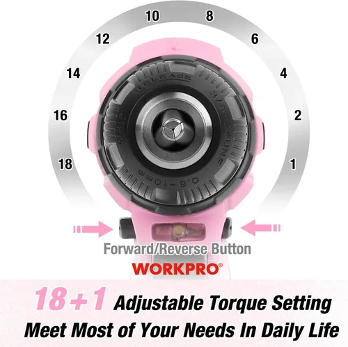 Miniatura 5 de WORKPRO Taladro inalámbrico rosa de 12 V y kit de herramientas para el hogar, juego de herramientas manuales para bricolaje, mantenimiento