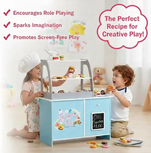 Miniatura 7 de Juego de madera para panadería, soporte de simulación para niños, 25 piezas para pastelería, mostrador de café con alimentos, donas, pasteles