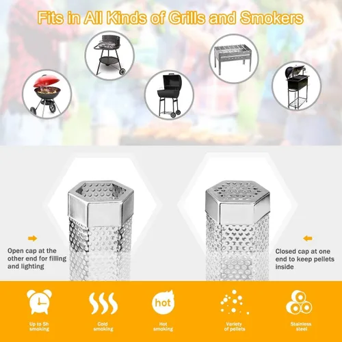 Miniatura 4 de Tubo ahumador de pellets, 1 paquete de 12 pulgadas Tubo ahumador con cepillo, acero inoxidable premium, 5 horas de humo intenso Tubo ahumador