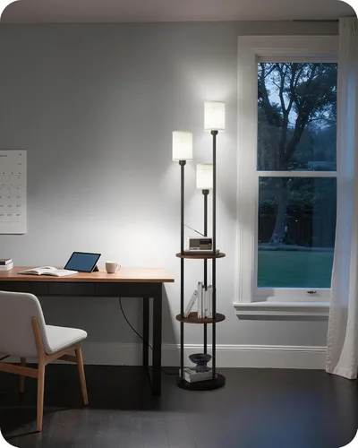 Miniatura 8 de Lámpara de pie de 180 cm con estantes, lámpara de pie moderna con 3 pantallas de lino y interruptor de pie, lámpara de pie de 3 luces, para sala