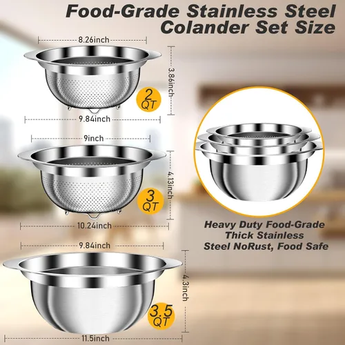 Miniatura 2 de Colador, colador de acero inoxidable con cuencos para mezclar (3.5 cuartos de galón), 3 coladores para utensilios de cocina, cesta de colador
