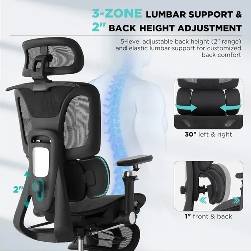 Miniatura 4 de Silla de oficina ergonómica con soporte lumbar dinámico de 3 zonas, silla de oficina de malla grande y alta con reposapiés, profundidad de asiento