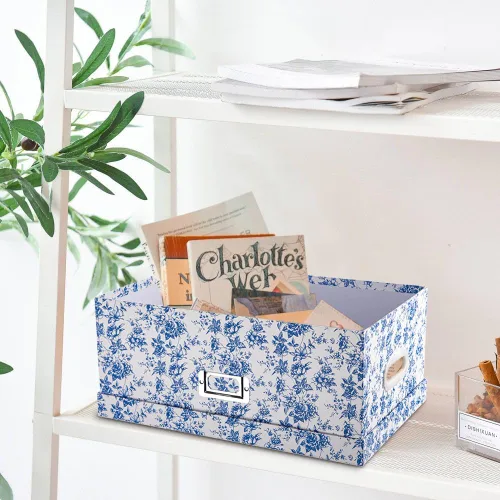 Miniatura 5 de Briful Juego de 2 cajas de almacenamiento de porcelana azul y blanca con tapas, elegantes cubos organizadores de anidación floral, juego de cajas