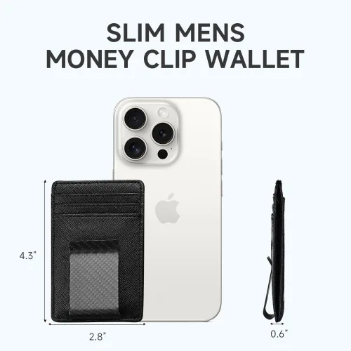 Miniatura 4 de Travelambo Clip para dinero para hombre, de piel, delgado, minimalista, con bloqueo RFID (tejido negro), Cros negros con clip mate, Minimalista