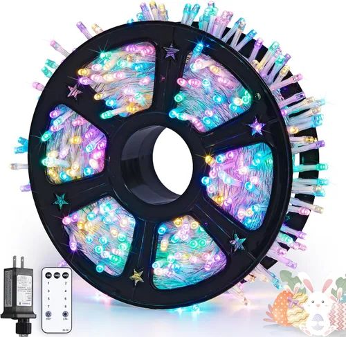 Miniatura 13 de JMEXSUSS 150 luces LED azules de Navidad para interiores y exteriores, luces de cadena conectables de 59 pies con enchufe, 8 modos de luces de hadas