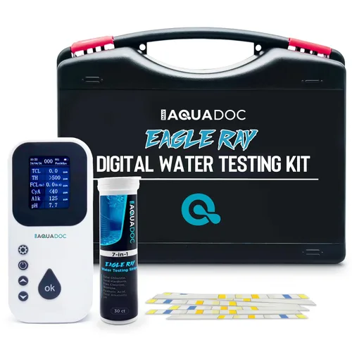 Eagle Ray Kit digital de prueba de agua para piscina y spa por AquaDoc con probador digital de agua y 30 tiras de prueba de piscina y bañera de