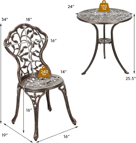 Miniatura 7 de RELAX4LIFE Juego de 3 piezas de bistró para exteriores, juego de mesa de bistró de aluminio fundido para todo tipo de clima con elegante