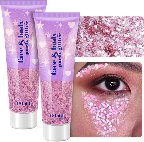 Gel de purpurina corporal, 2 frascos de gel con purpurina facial y lentejuelas para cabello, labios, sombra de ojos, uñas, gel de purpurina gruesa y