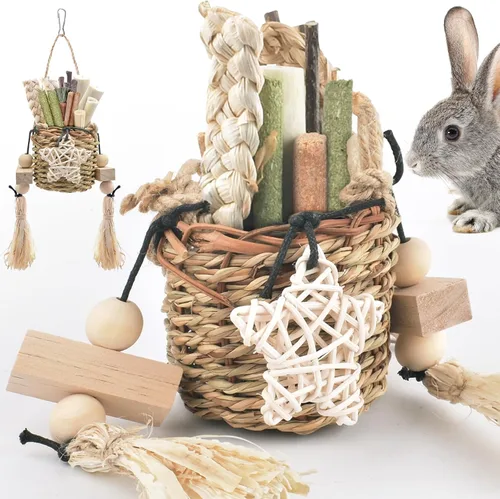 Miniatura 7 de Bissap Juguetes Masticables para Conejos, Cestas Colgantes de Hierba Marina Natural Masticables de Plantas Acuáticas Tejidas Golosinas Masticables