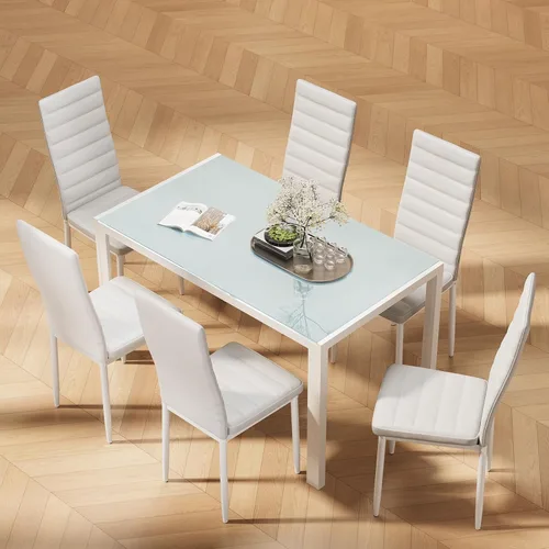 Miniatura 8 de Juego de mesa de comedor de cocina Bealife para 6, juego de mesa y sillas de 7 piezas de vidrio templado moderno para el hogar, cocina, sala