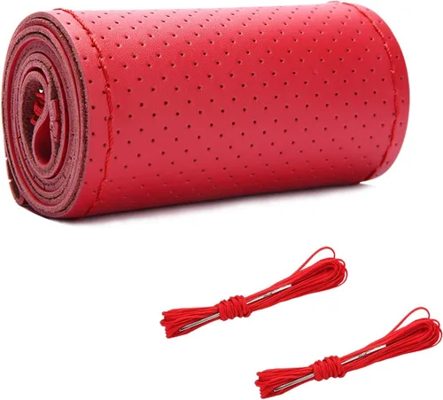 Augeny Funda de cuero genuino para volante, transpirable, antideslizante, protector para volante de automóvil, coser y envolver para un diámetro Rojo
