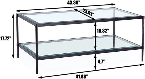 Miniatura 2 de Mesa de centro rectangular de cristal, mesa central de 2 niveles, mesa de café moderna para sala de estar, 43.3 x 23.62 pulgadas, color negro