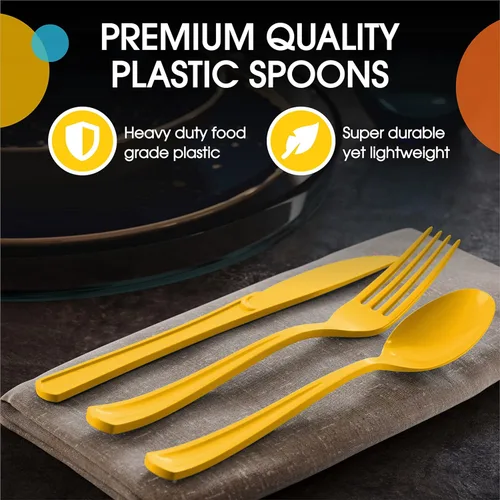 Miniatura 4 de Exquisite Cucharas de plástico amarillas, 50 piezas, cucharas amarillas, utensilios desechables, juego de cubiertos de plástico resistente
