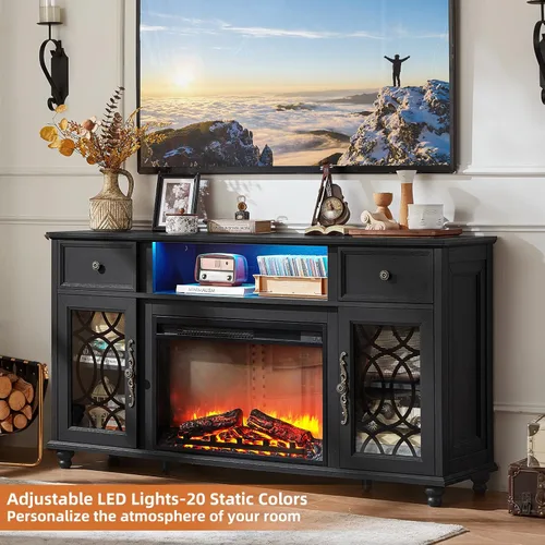 Miniatura 3 de Joaxswe - Soporte de TV estilo rústico con chimenea, centro de entretenimiento de 59 pulgadas con chimenea eléctrica y luces LED para televisores