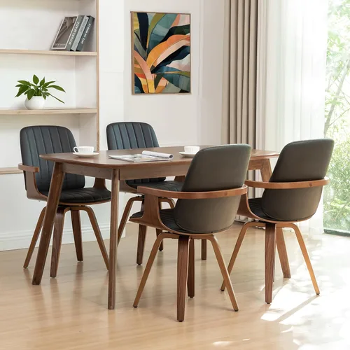 Miniatura 22 de Juego de 2 sillas de comedor giratorias, modernas de mediados de siglo con artesanía de nogal, piel sintética tapizada, brazos y patas de madera