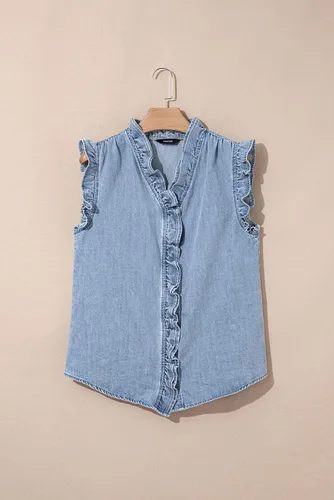 Miniatura 6 de Dokotoo Chaleco de mezclilla para mujer, casual, de verano, con botones, peplum, cuello en V, sin mangas, camisa de mezclilla