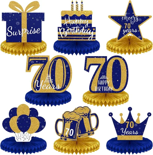Miniatura 10 de Spakon 8 Piezas Decoraciones de Mesa Centros de Mesa de Panal con Purpurina Adornos de Mesa Decoraciones de Fiesta para Hombres y Mujeres Azul dorado