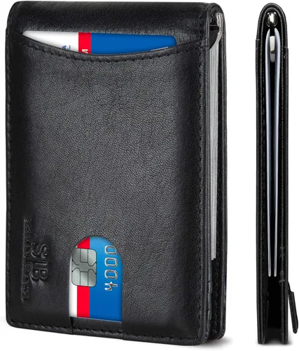 Miniatura 60 de SERMAN BRANDS - Billetera sencilla de cuero genuino con bloqueo RFID para hombre, billetera delgada con bolsillo frontal y clip para dinero