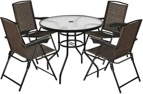 Tangkula Juego de 5 piezas para patio bistró, con 4 sillas plegables y mesa superior de vidrio templado con agujero para sombrilla de 2 pulgadas,