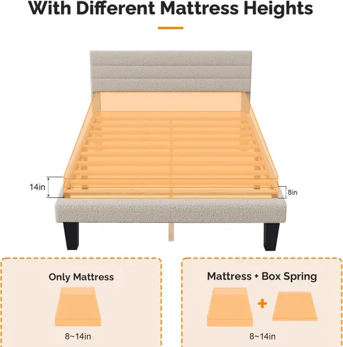 Miniatura 5 de VINGLI Base de cama individual para niños, cama de plataforma tapizada Boucle con cabecera ajustable, soporte de listones de madera resistente, cama