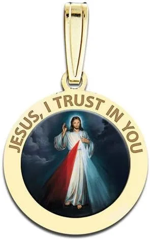 Miniatura 2 de PicturesOnGoldcom Divine Mercy RoundOval Religious Medal Available in Sterling Silver and Solid 14K Yellow Gold