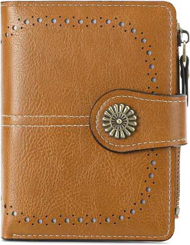 Miniatura 20 de Cartera pequeña para mujer, de piel, plegable, compacta, con bloqueo RFID, con bolsillo con cremallera para monedas, A01 Rojo Vino, Classic