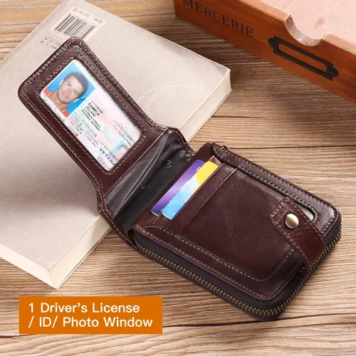 Miniatura 26 de GOIACII Cartera con cremallera para hombre, de piel auténtica, con bloqueo RFID, con cremallera, bolsillo para monedas, para identificación, con Café