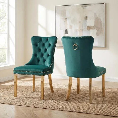 Miniatura 156 de OVENTA Juego de 4 sillas de comedor modernas tapizadas copetudas, terciopelo negro y gris y cuero con patas de madera maciza, sillas de cocina
