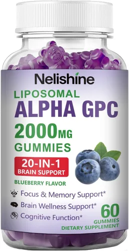 Liposomal Alpha GPC 2000mg y Gomitas de Citicolina Complejo Fosfatidilserina, Ginkgo Biloba, L-Tirosina, Huperzina A y B Vitaminas, Mezcla 20 en 1